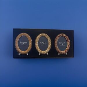 Vtg Bombay Ornate Metal Enamel Gold Red Swirls Crystals Oval 3 Photo‎ Frames NIB